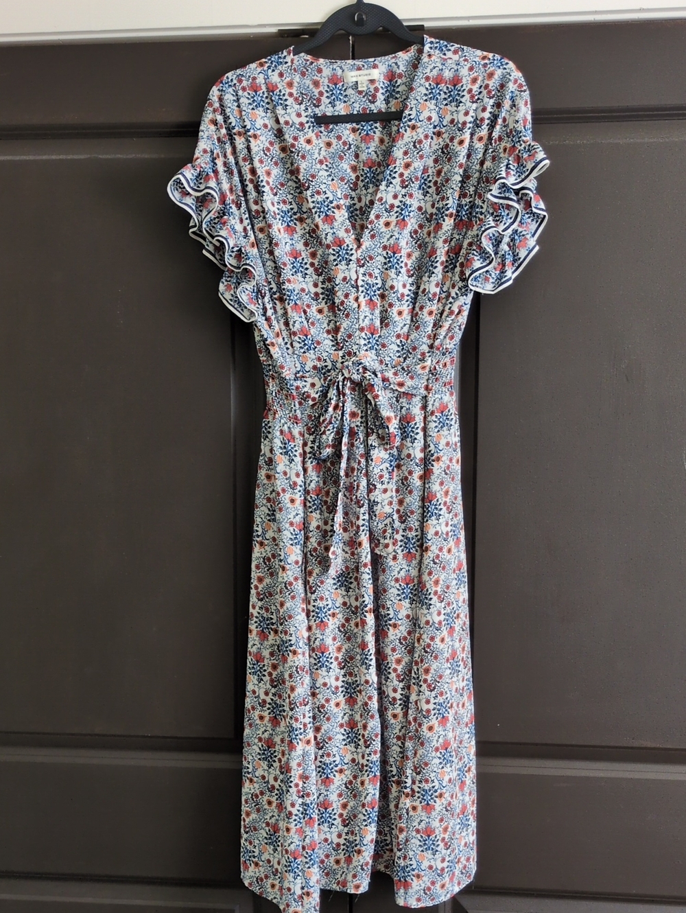Max Studio Floral V-Neck Tie-Waist Midi Dress - Blue & Coral